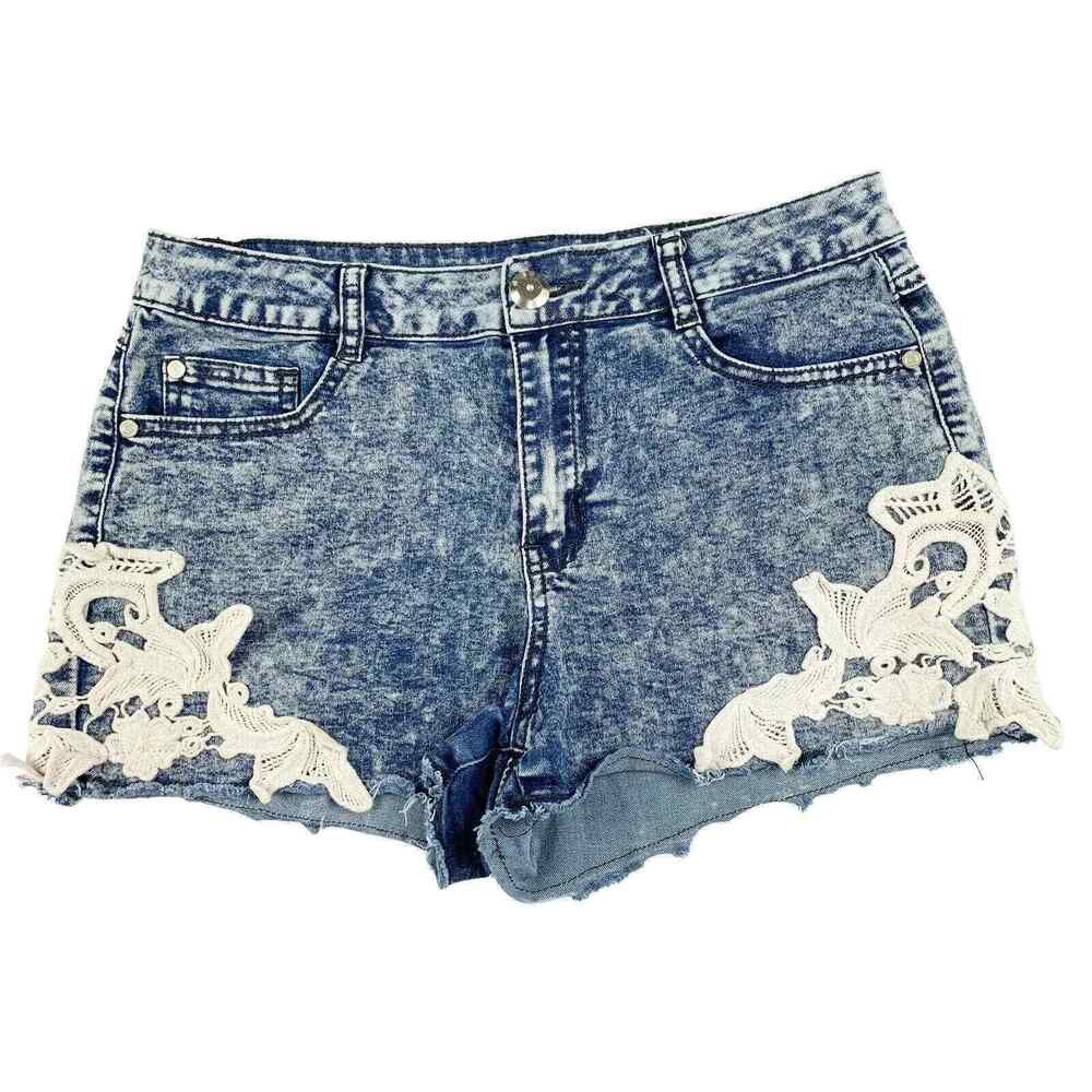 BOOM BOOM JEANS Womens 7 Acid Wash Denim Cut Off Shorts Lace Applique Festival